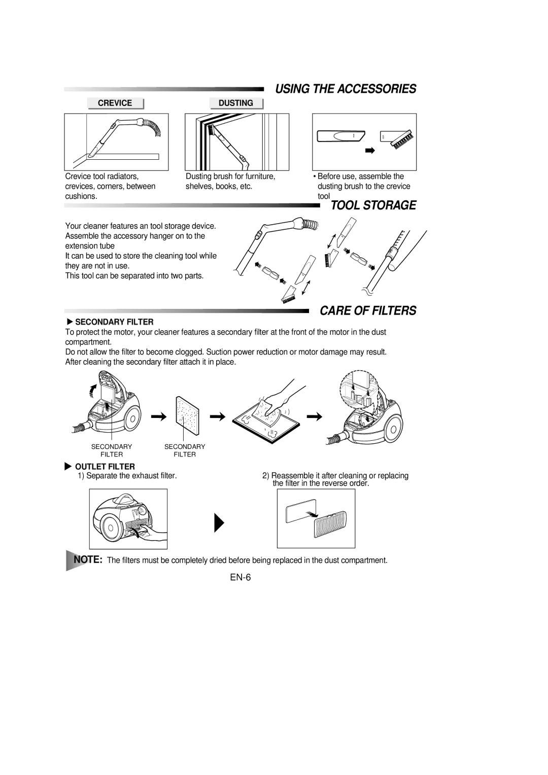 Samsung VC6915HN3R/SBW, VC6915HN3S/SBW manual Using the Accessories, Tool Storage, Care of Filters, EN-6 