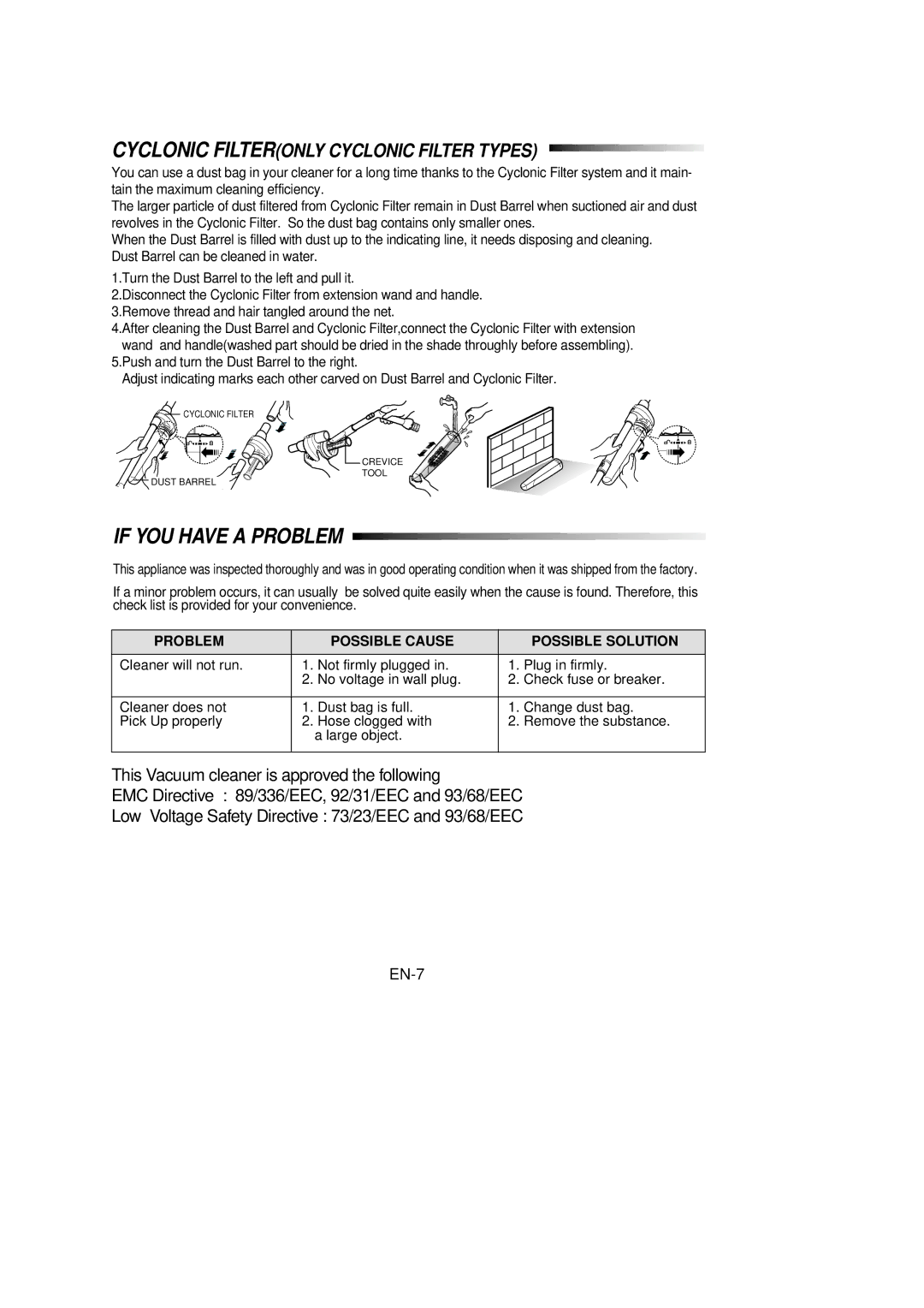 Samsung VC6915HN3S/SBW, VC6915HN3R/SBW manual EN-7, Problem Possible Cause Possible Solution 