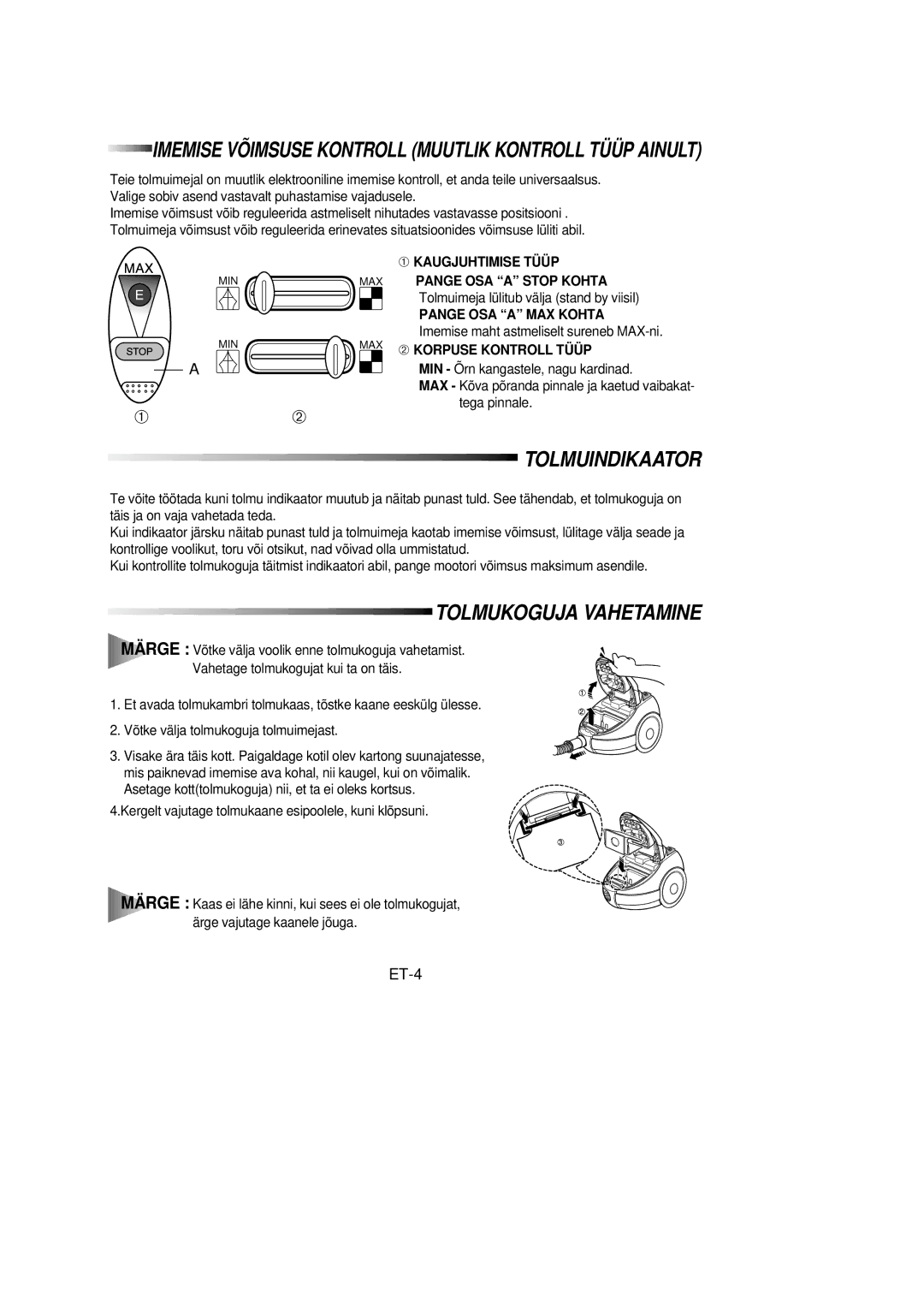 Samsung VC6915HN3R/SBW, VC6915HN3S/SBW manual ET-4, ➀ Kaugjuhtimise Tüüp, Pange OSA a MAX Kohta, ➁ Korpuse Kontroll Tüüp 