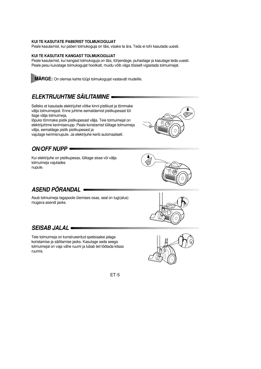 Samsung VC6915HN3S/SBW manual Elektrijuhtme Säilitamine, Asend Põrandal, ET-5, KUI TE Kasutate Paberist Tolmukogujat 