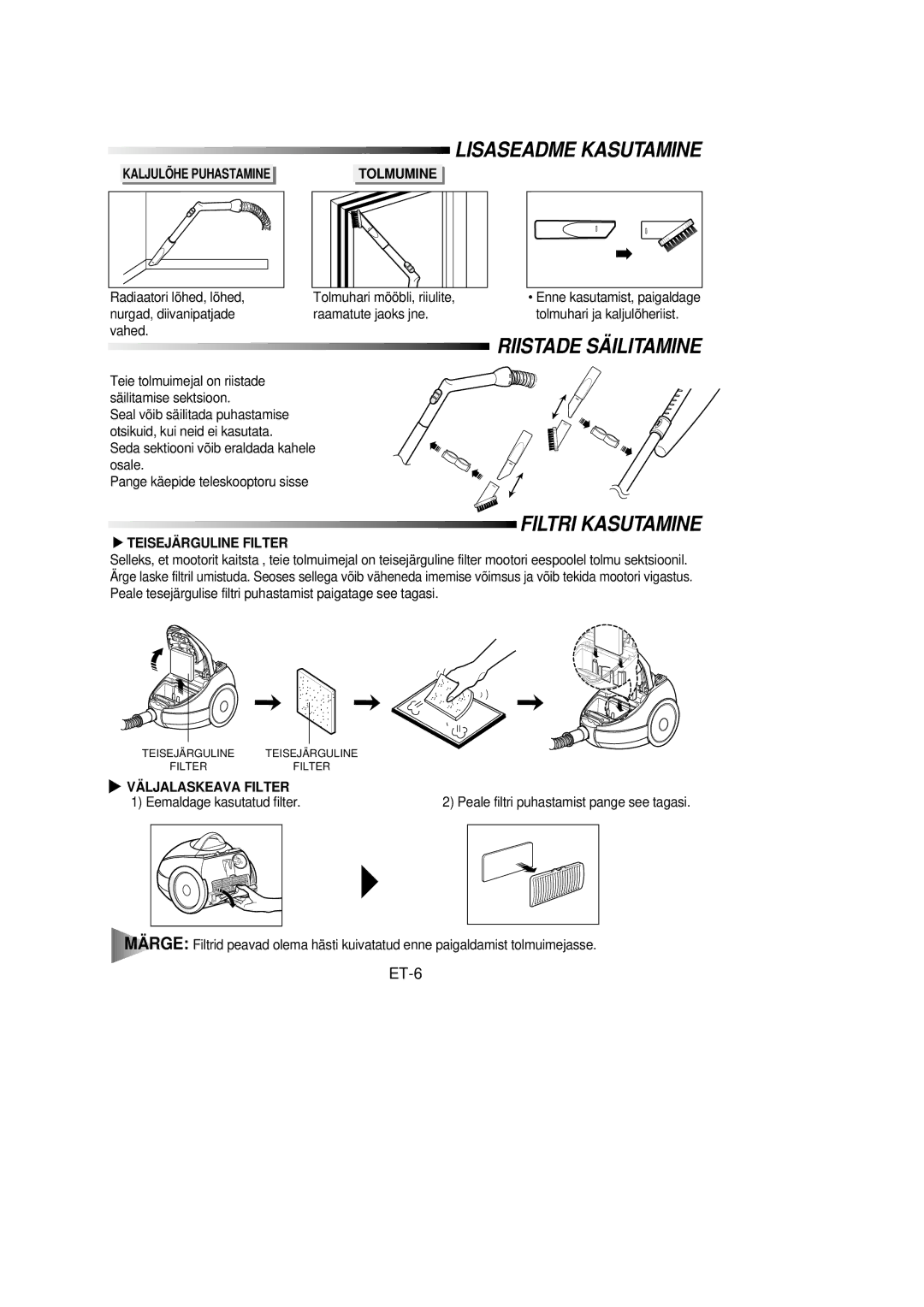 Samsung VC6915HN3R/SBW, VC6915HN3S/SBW manual Lisaseadme Kasutamine, Riistade Säilitamine, ET-6 