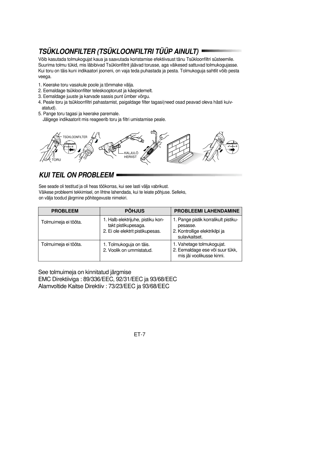 Samsung VC6915HN3S/SBW manual Tsükloonfilter Tsükloonfiltri Tüüp Ainult, ET-7, Probleem Põhjus Probleemi Lahendamine 