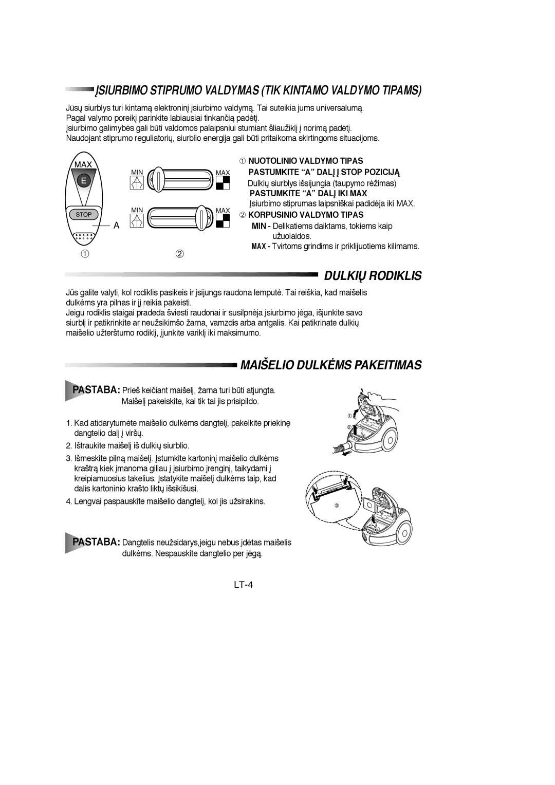 Samsung VC6915HN3R/SBW, VC6915HN3S/SBW manual Dulkið Rodiklis, LT-4, Pastumkite a Dalø IKI MAX, ➁ Korpusinio Valdymo Tipas 