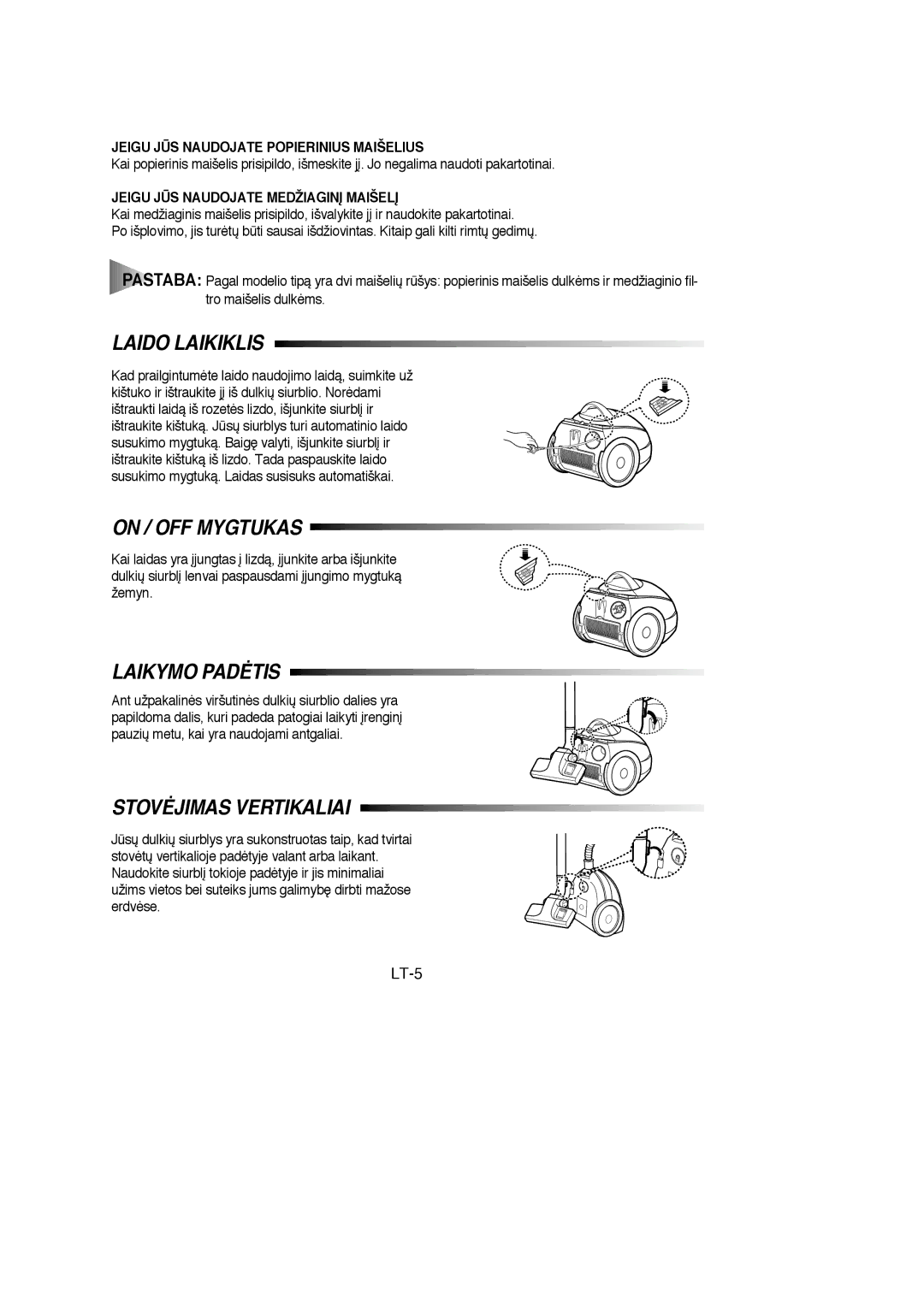 Samsung VC6915HN3S/SBW, VC6915HN3R/SBW manual Laido Laikiklis, On / OFF Mygtukas, Laikymo PADñTIS, LT-5 