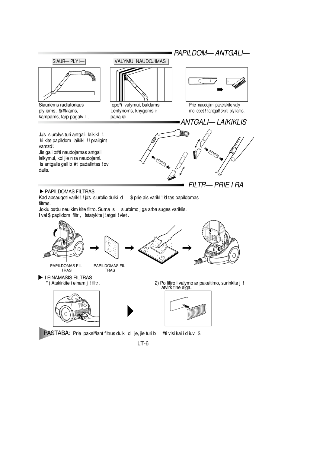 Samsung VC6915HN3R/SBW, VC6915HN3S/SBW manual LT-6, Valymui Naudojimas, Papildomas Filtras, Išeinamasis Filtras 