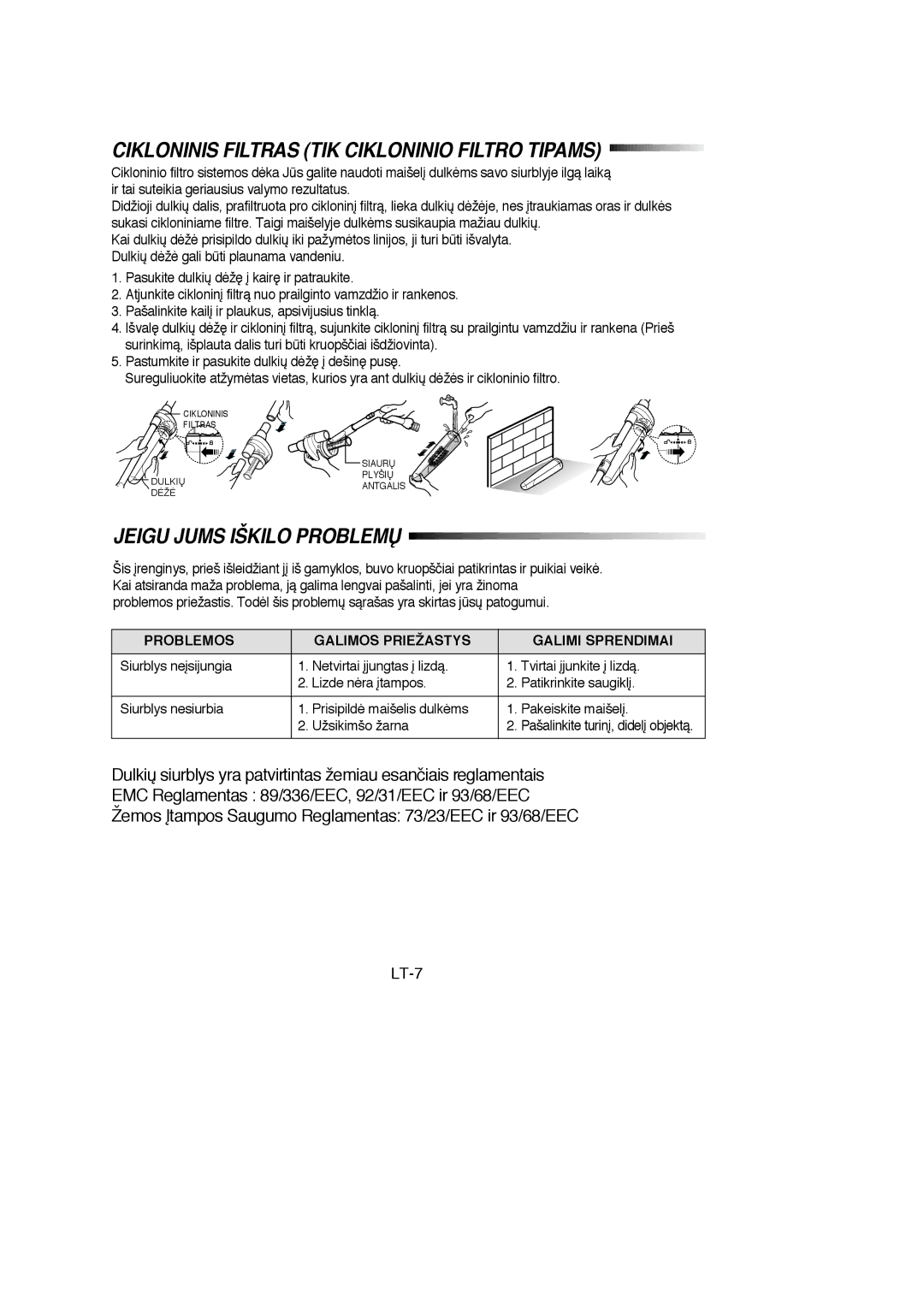 Samsung VC6915HN3S/SBW, VC6915HN3R/SBW manual Jeigu Jums Iškilo Problemð, Problemos Galimos Priežastys Galimi Sprendimai 