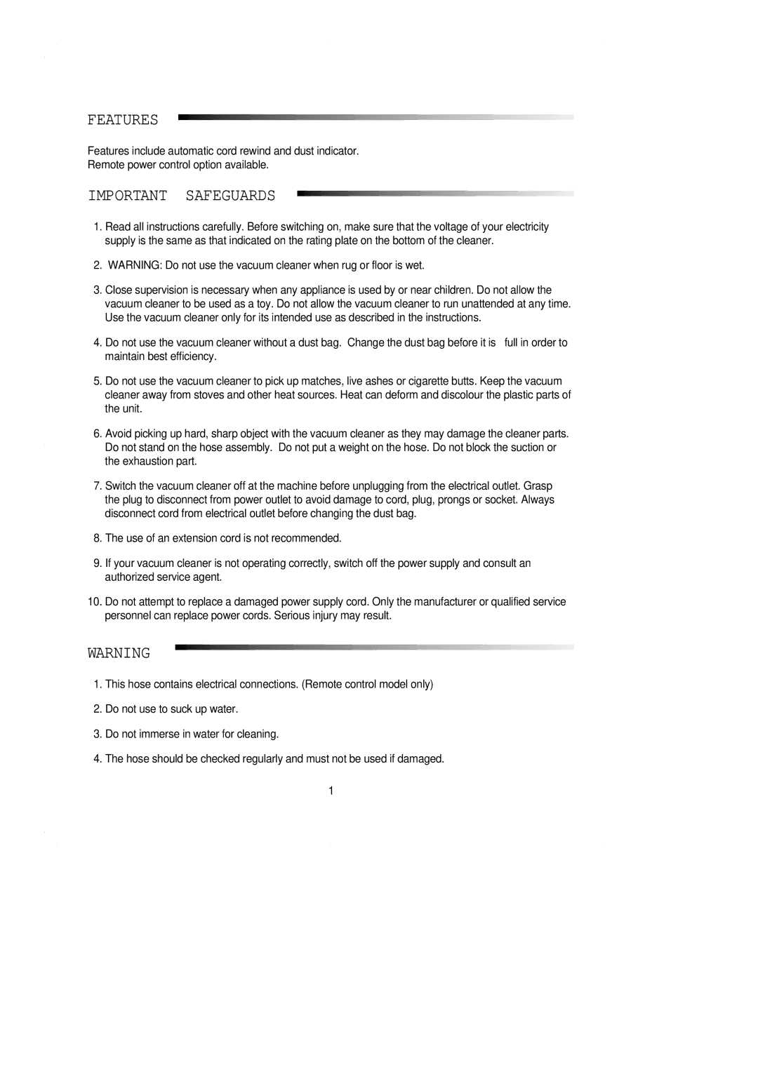 Samsung VC7113HN3S/SBW manual Features, Important Safeguards 