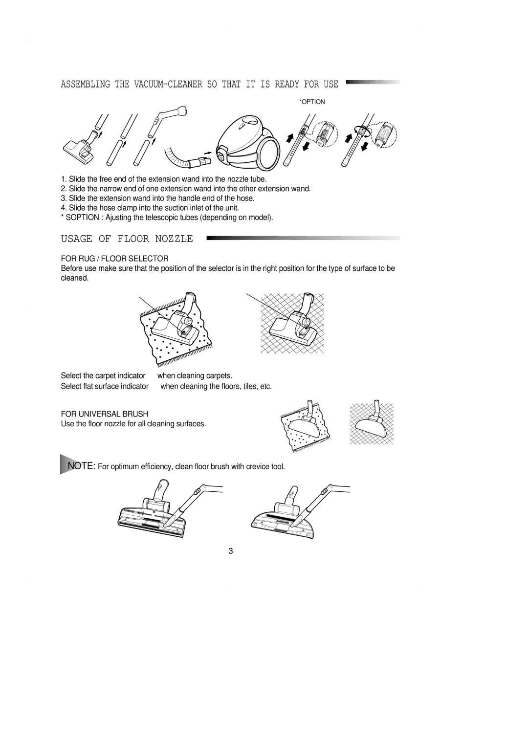 Samsung VC7113HN3S/SBW manual For RUG / Floor Selector, For Universal Brush 