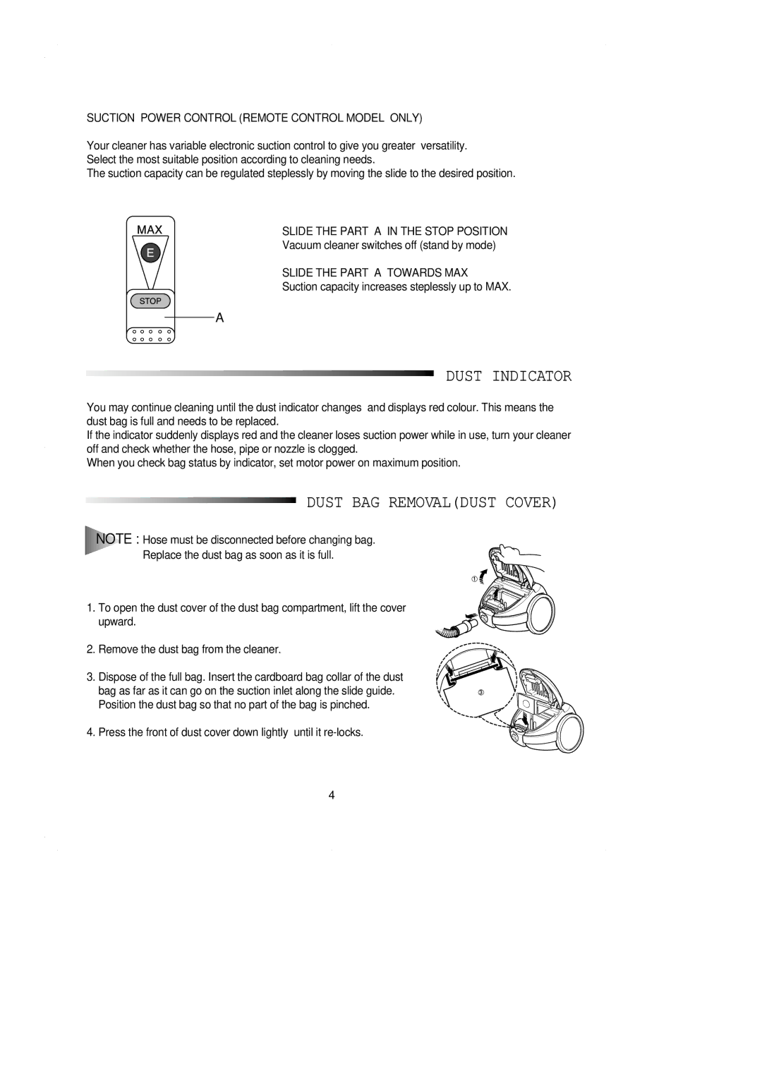 Samsung VC7113HN3S/SBW manual Dust Indicator, Dust BAG Removaldust Cover, Suction Power Control Remote Control Model only 