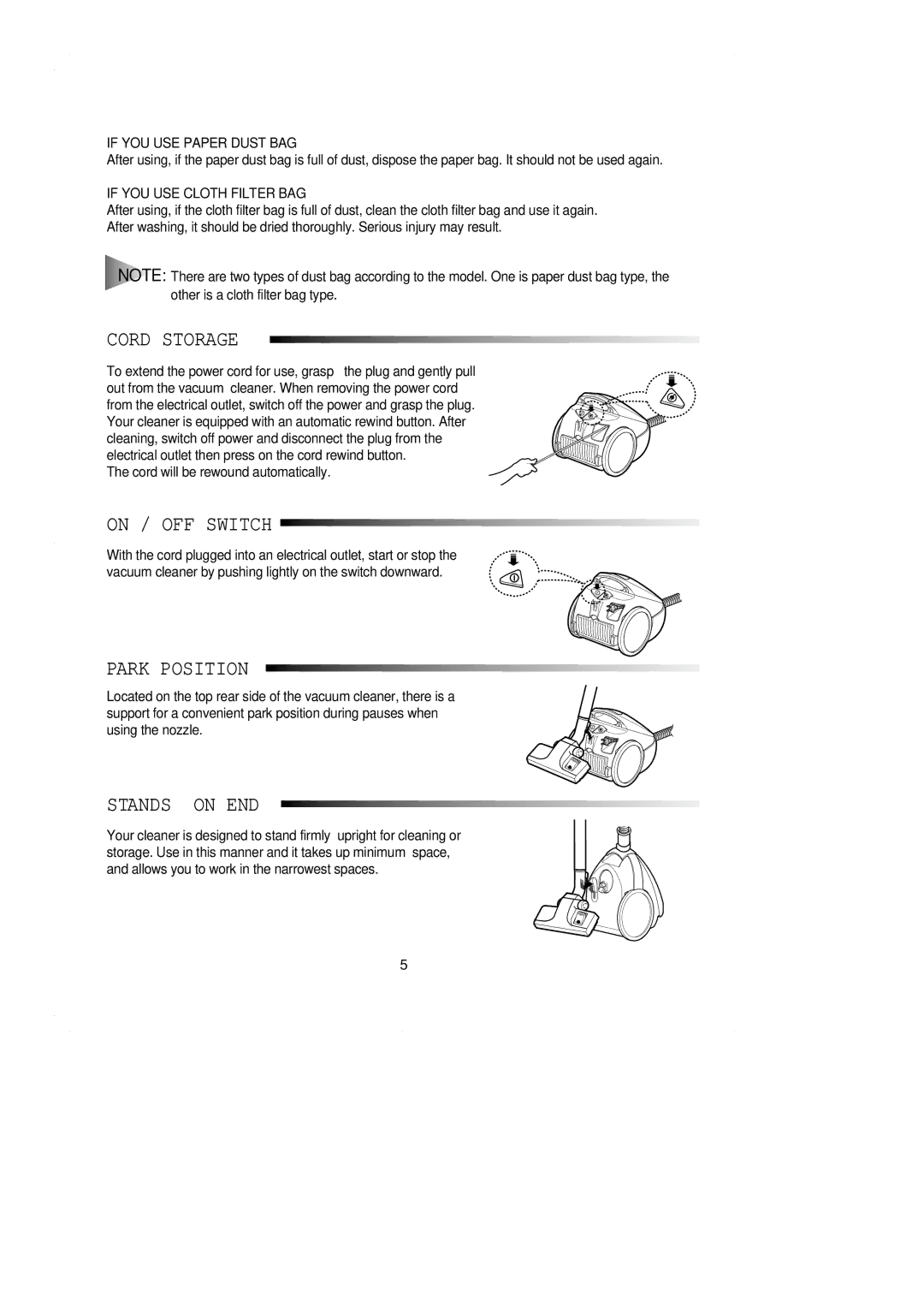 Samsung VC7113HN3S/SBW manual Cord Storage, On / OFF Switch, Park Position, Stands on END 