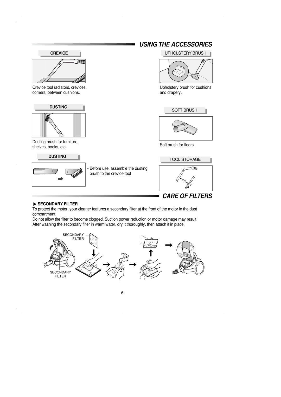 Samsung VC7113HN3S/SBW manual Using the Accessories, Crevice, Dusting, Secondary Filter 