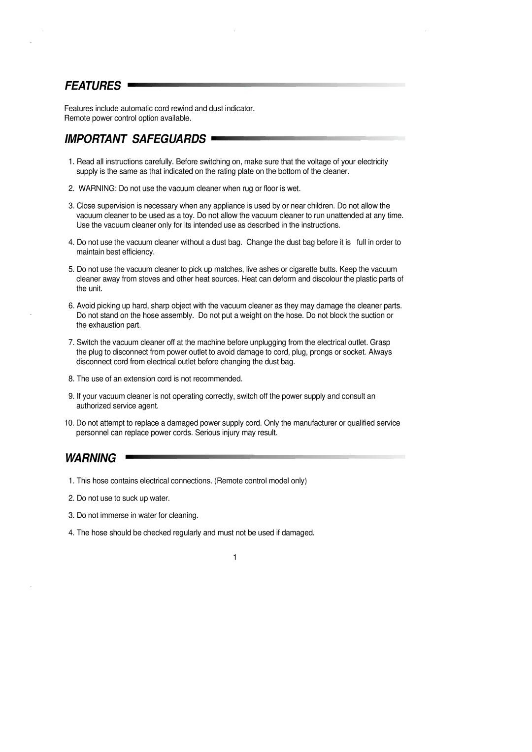 Samsung VC7114HT3S/SBW manual Features, Important Safeguards 