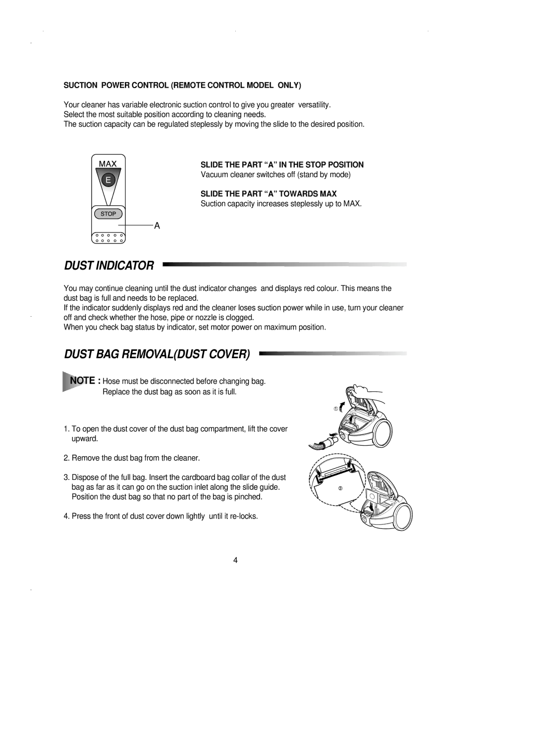 Samsung VC7114HT3S/SBW manual Dust Indicator, Dust BAG Removaldust Cover, Suction Power Control Remote Control Model only 