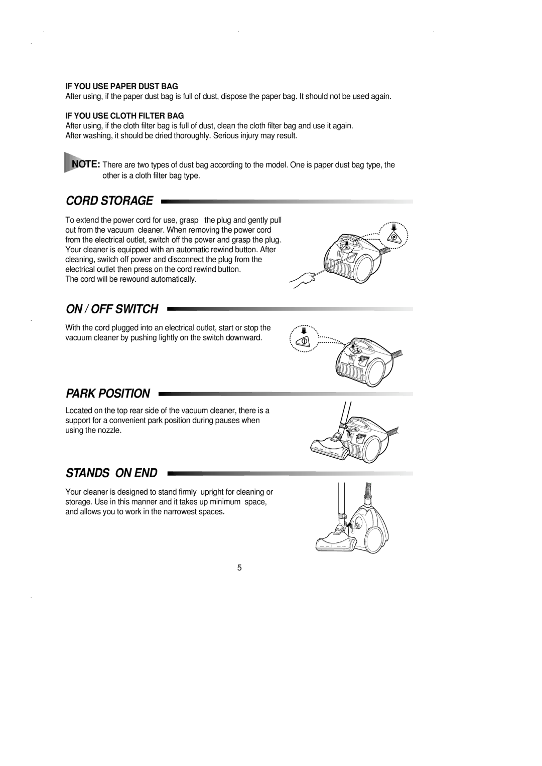 Samsung VC7114HT3S/SBW manual Cord Storage, On / OFF Switch, Park Position, Stands on END 