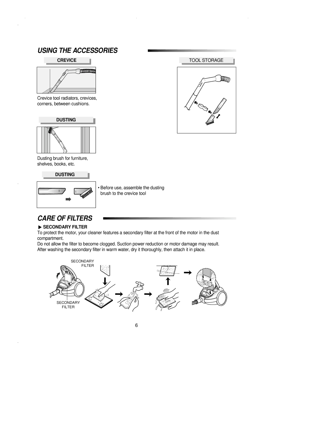 Samsung VC7114HT3S/SBW manual Using the Accessories, Care of Filters, Crevice, Dusting, Secondary Filter 