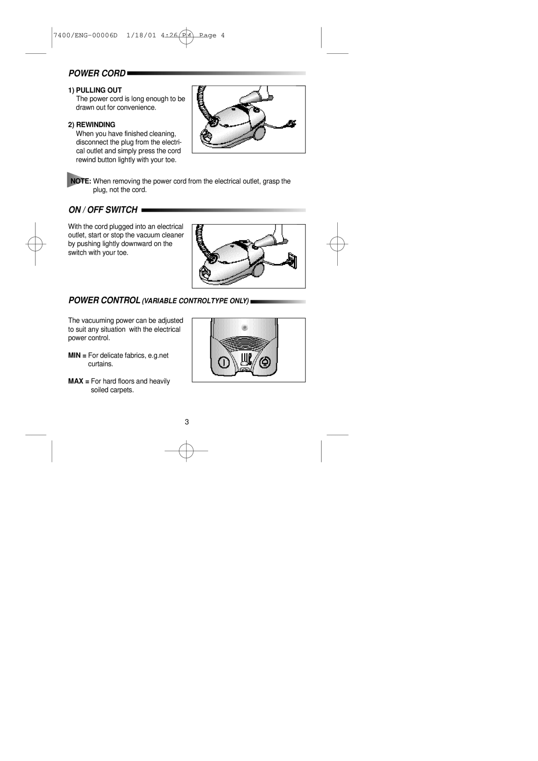 Samsung VC7415VN3G/ERP, VC7425VN3R/ERP manual Power Cord, On / OFF Switch, Pulling OUT, Rewinding 