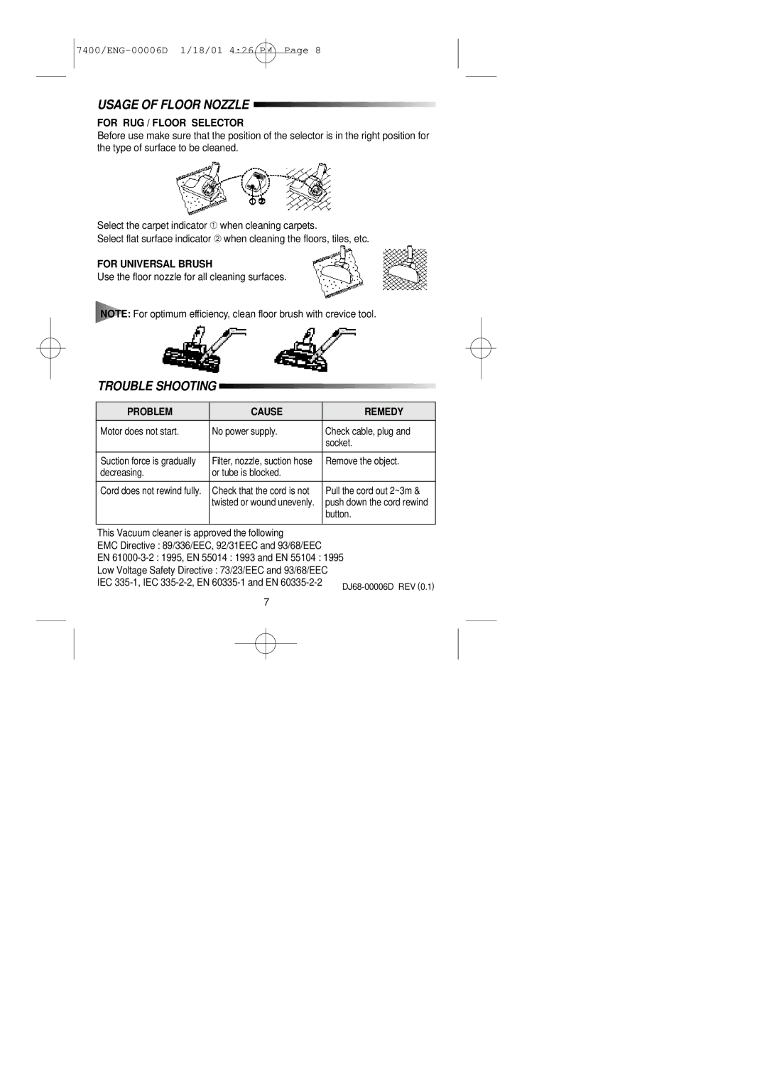 Samsung VC7415VN3G/ERP manual Usage of Floor Nozzle, Trouble Shooting, For RUG / Floor Selector, For Universal Brush 