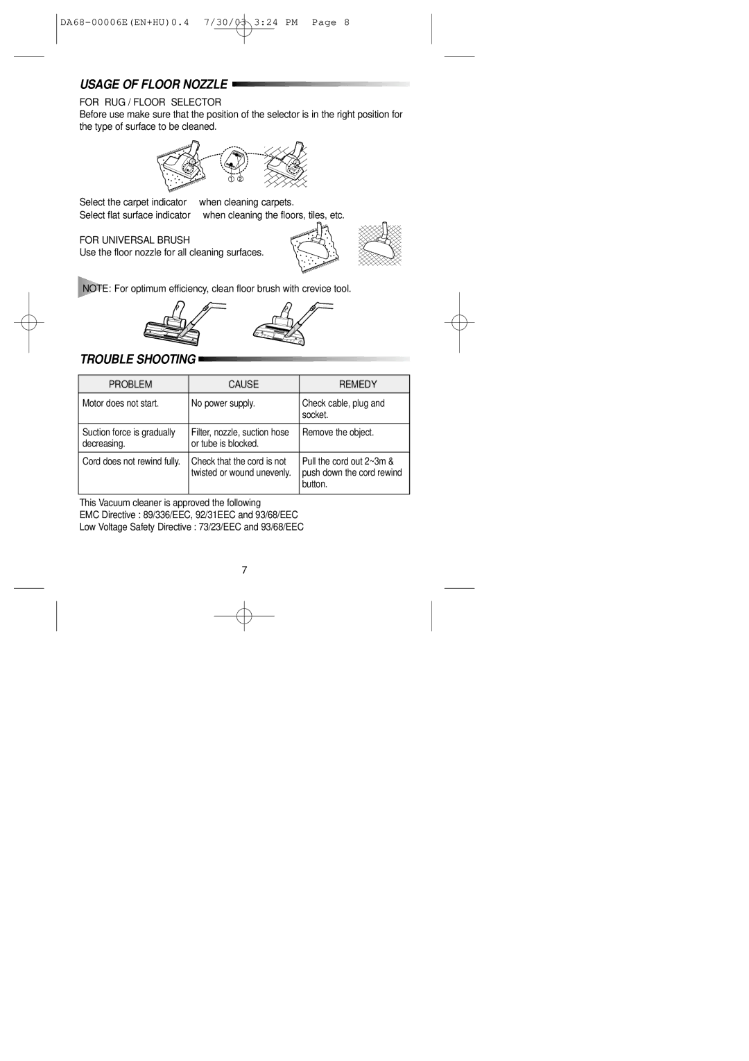 Samsung VC7415VN3R/XEH, VC7426VN3B/XEH, VC7412SN3B/XEH, VC7423VN3R/XEH manual Usage of Floor Nozzle, Trouble Shooting 