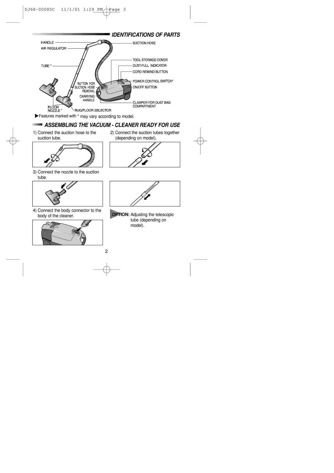 Samsung VC7615VN3K/XEG, VC7614VN3G/XEG manual Identifications of Parts, Assembling the Vacuum Cleaner Ready for USE 