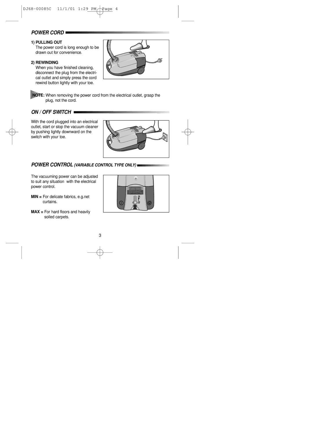 Samsung VC7616VN3B/XEG, VC7614VN3G/XEG, VC7616VN3R/XEG, VC7615VN3W/XEG Power Cord, On / OFF Switch, Pulling OUT, Rewinding 