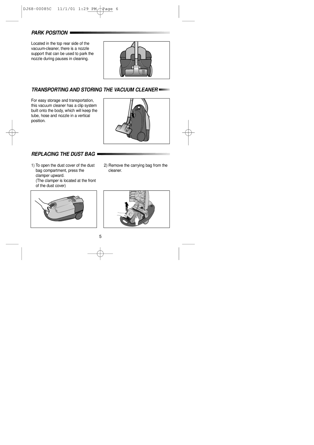 Samsung VC7615VN3G/ERP, VC7614VN3G/XEG Park Position, Transporting and Storing the Vacuum Cleaner, Replacing the Dust BAG 