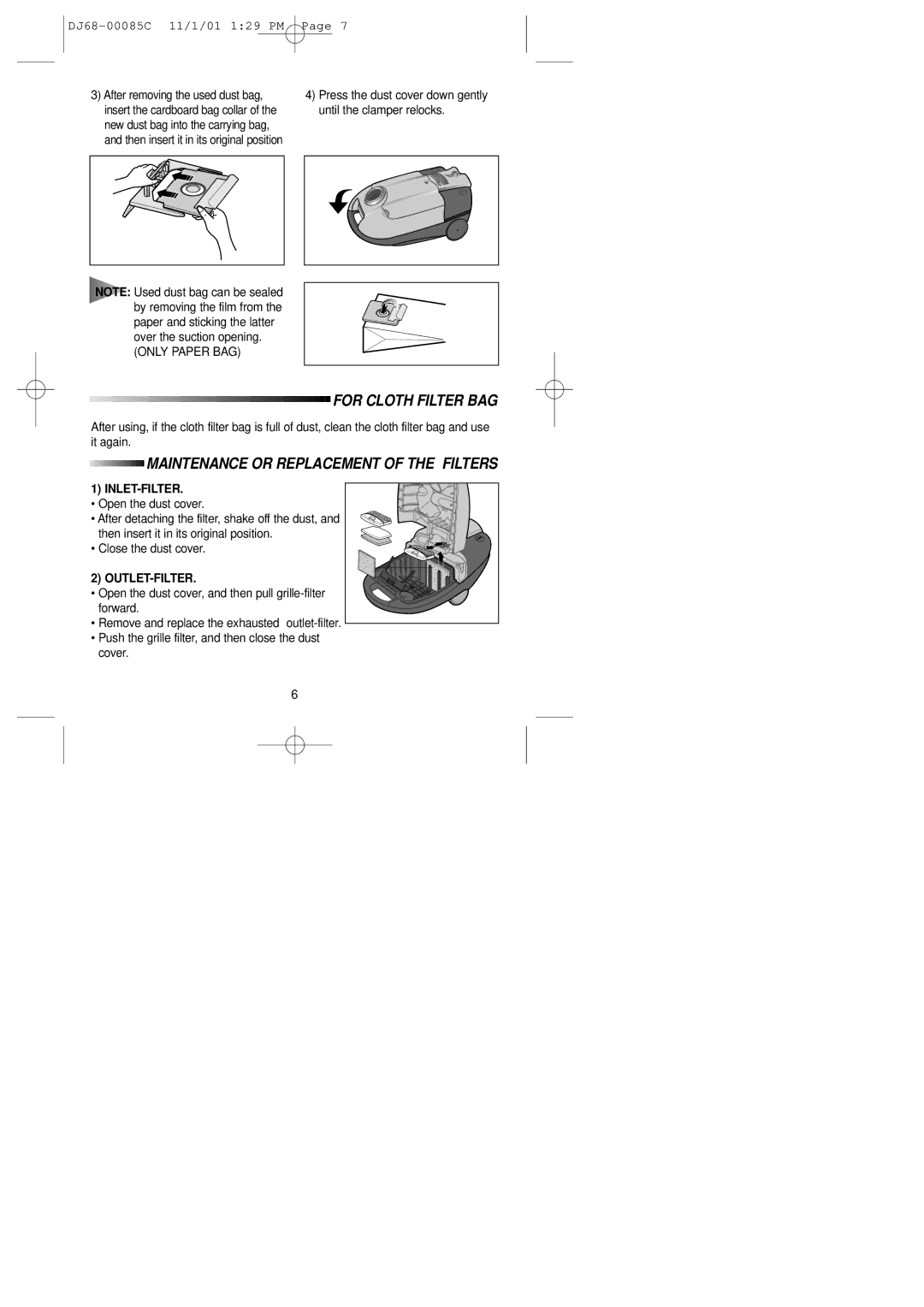 Samsung VC7614VN3O/BOL manual For Cloth Filter BAG, Maintenance or Replacement of the Filters, Inlet-Filter, Outlet-Filter 