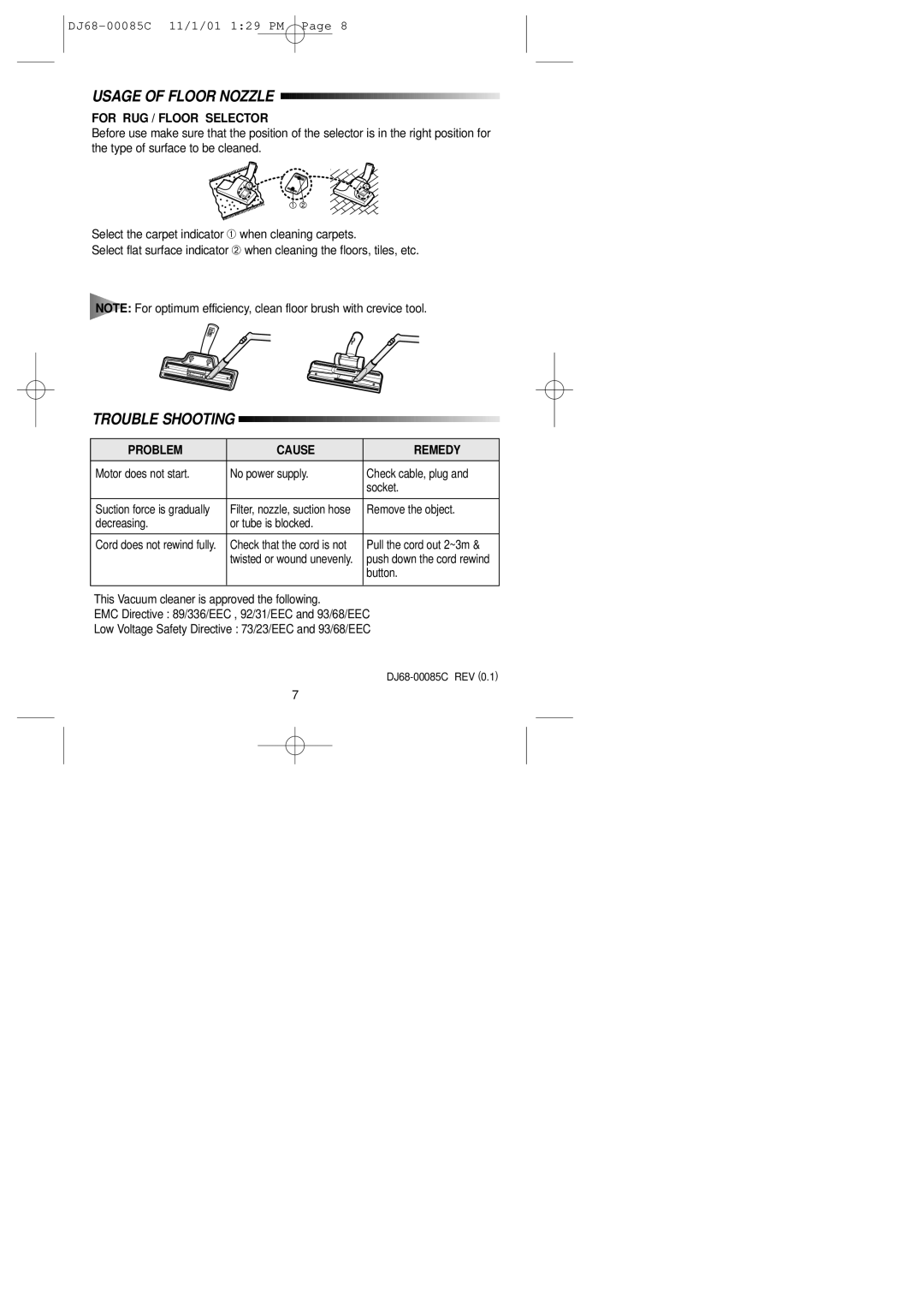 Samsung VC7615VN3G/BOL manual Usage of Floor Nozzle, Trouble Shooting, For RUG / Floor Selector, Problem Cause Remedy 