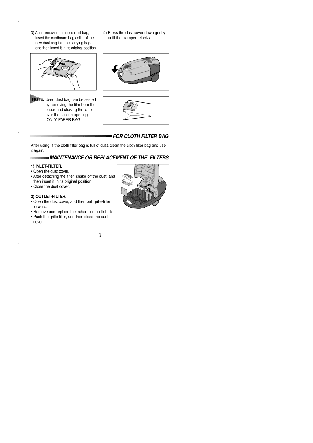 Samsung VC7615SN3S/SBW, VC7615SN3S/XEV manual For Cloth Filter BAG, Inlet-Filter 