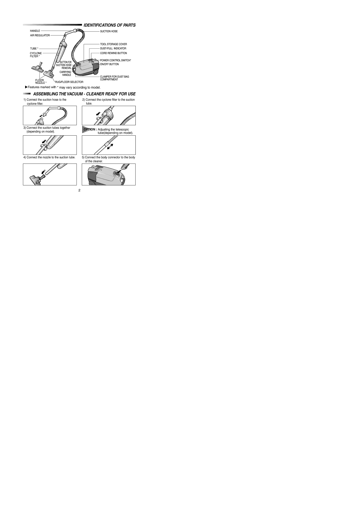 Samsung VC7615VN3R/XSG, VC7615VN4R/BLS manual Identifications of Parts, Assembling the Vacuum Cleaner Ready for USE 