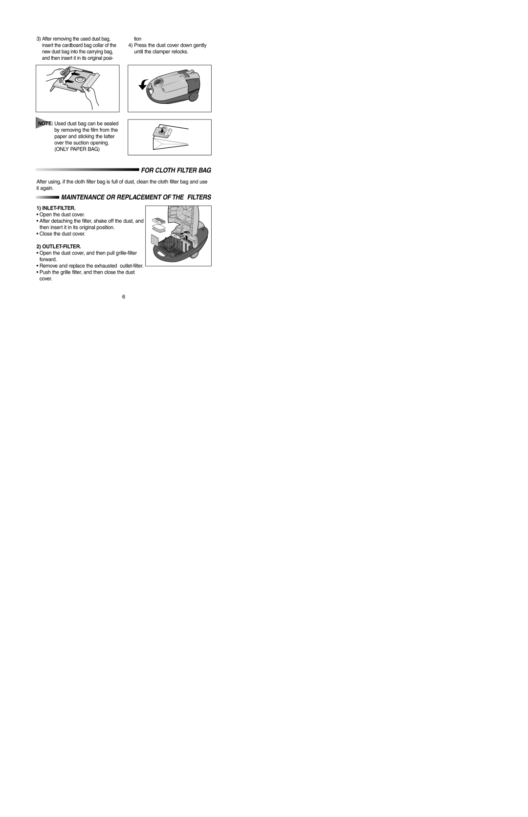 Samsung VC7615VN2B/TWL, VC7615VN4R/BLS, VC7616VC2B/UMG manual For Cloth Filter BAG, Maintenance or Replacement of the Filters 