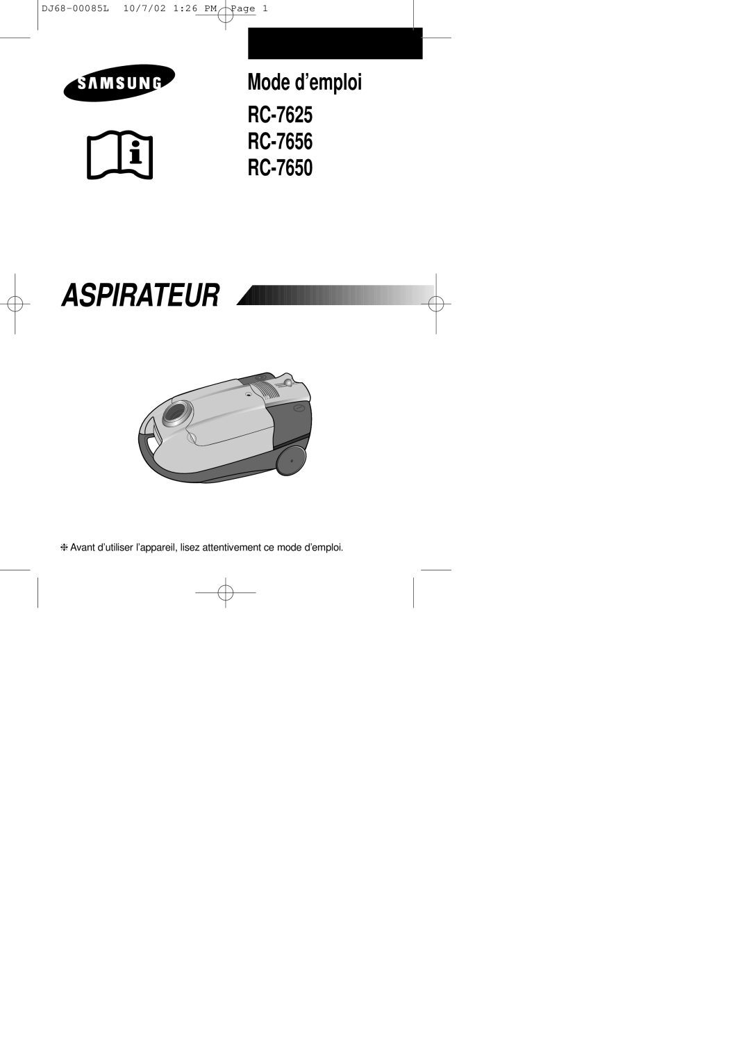 Samsung VC7626VN3R/XEF, VC7616VN3R/XEF, VC7615VN3R/XEF manual Aspirateur 