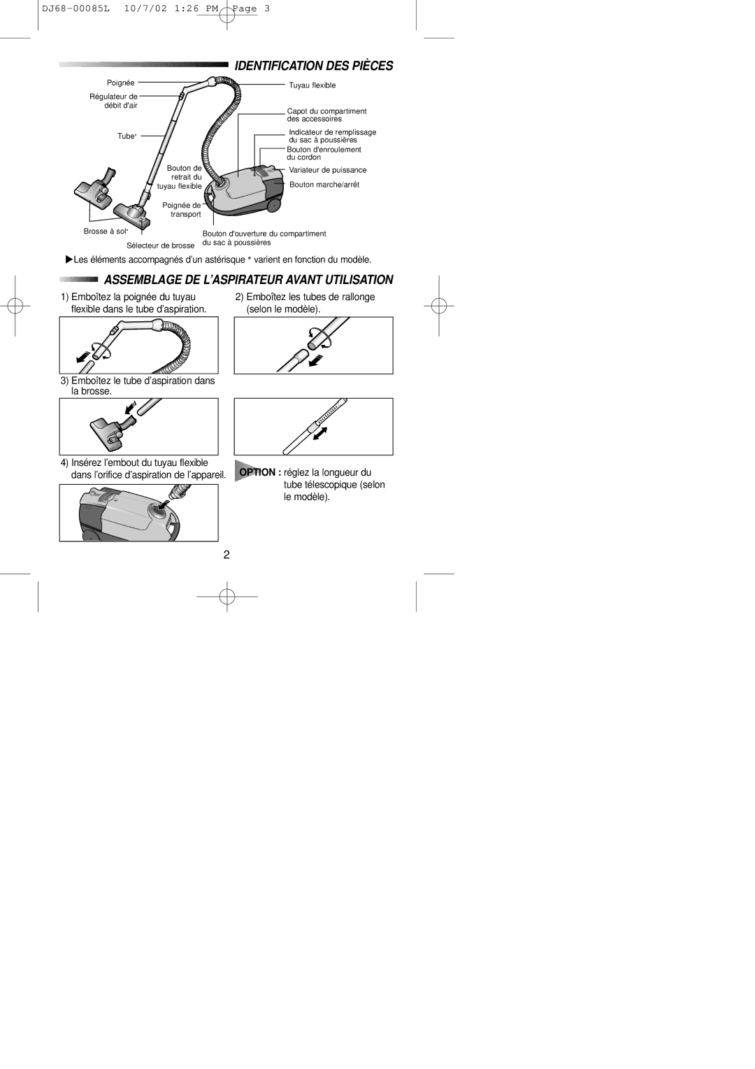 Samsung VC7616VN3R/XEF, VC7626VN3R/XEF manual Identification DES Pièces, Assemblage DE L’ASPIRATEUR Avant Utilisation 