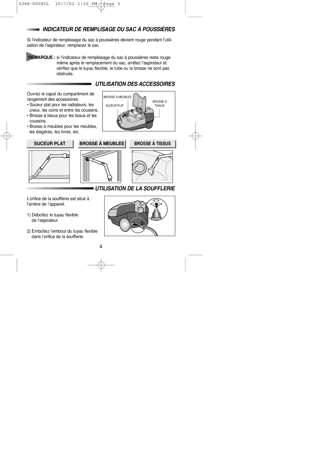 Samsung VC7615VN3R/XEF, VC7616VN3R/XEF manual Indicateur DE Remplisage DU SAC À Poussières, Utilisation DES Accessoires 