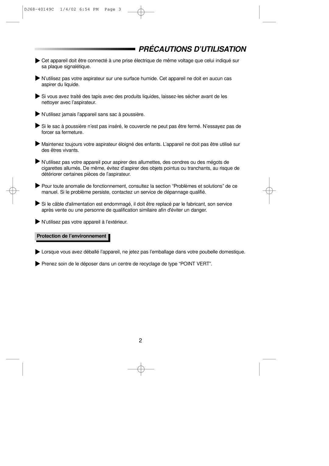 Samsung VC7715VN3Y/XEF, VC7715HN3G/XEF, VC7714VN3O/XEF manual Précautions D’UTILISATION, Protection de l’environnement 