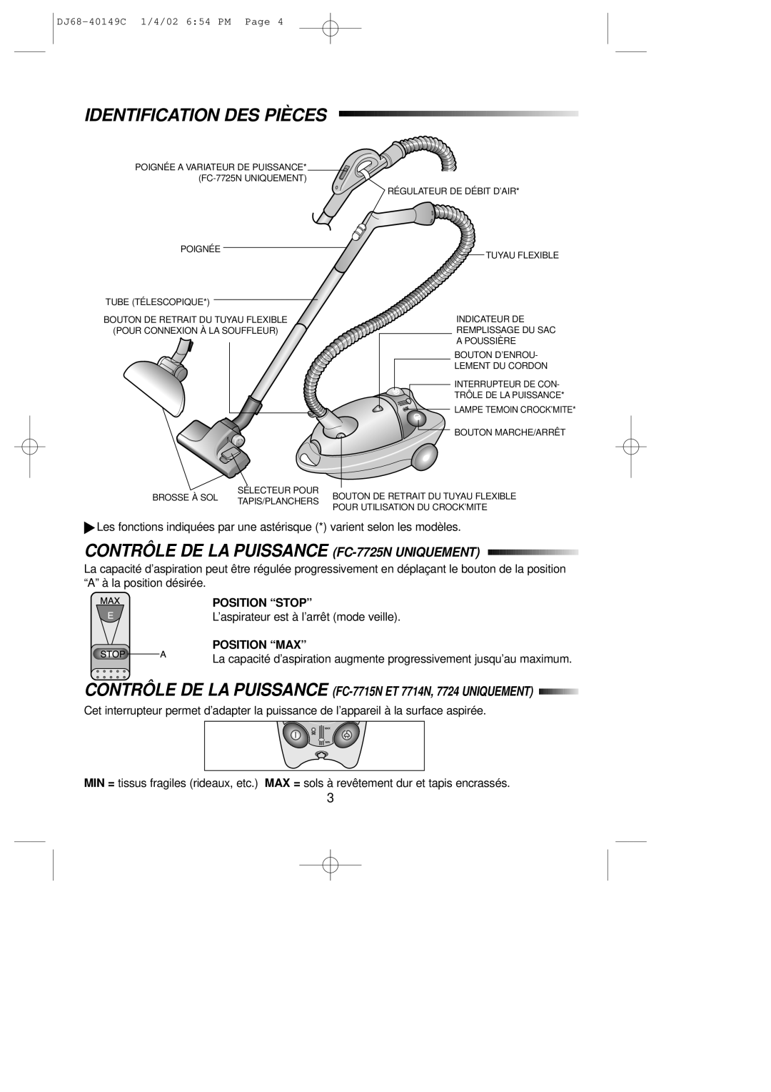 Samsung VC7715HN3G/XEF manual Identification DES Pièces, Contrôle DE LA Puissance FC-7725N Uniquement, Position Stop 