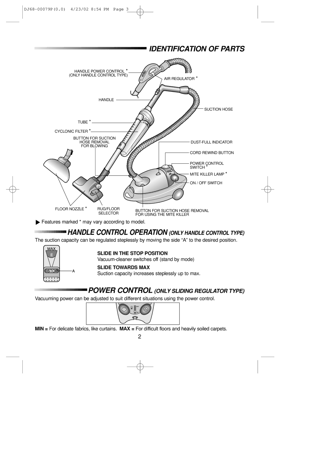 Samsung VC7726VC4R/RAD manual Identification of Parts, Handle Control Operation only Handle Control Type, Slide Towards MAX 