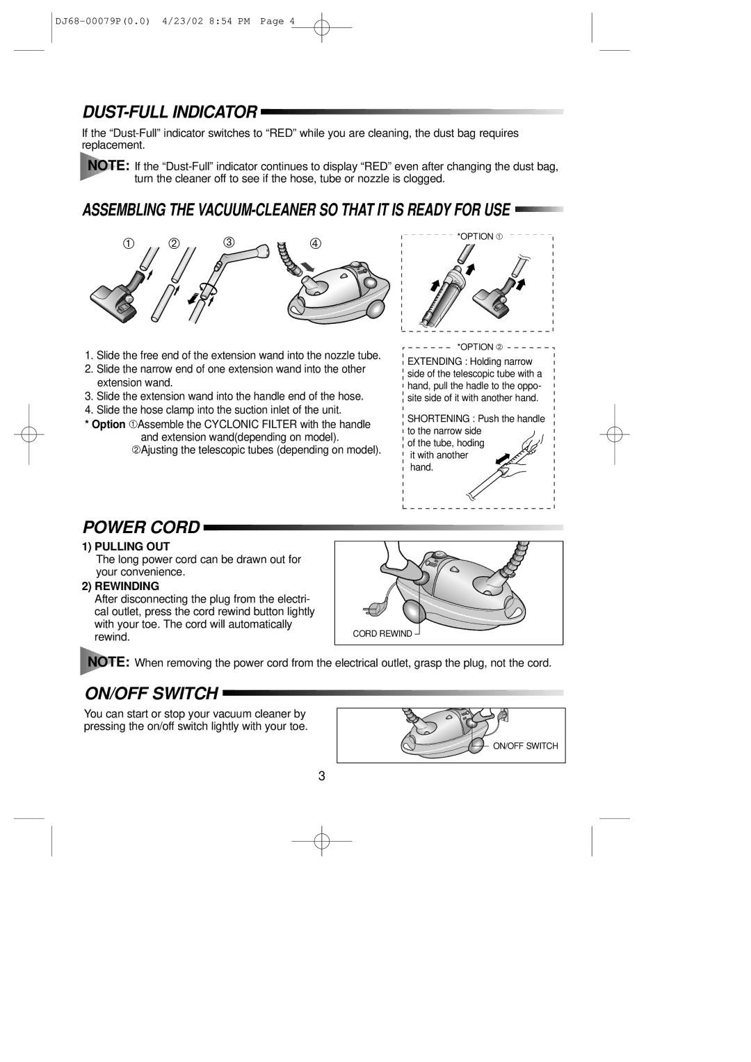 Samsung VC7726VC4R/RAD manual DUST-FULL Indicator, Assembling the VACUUM-CLEANER SO That IT is Ready for USE, Power Cord 