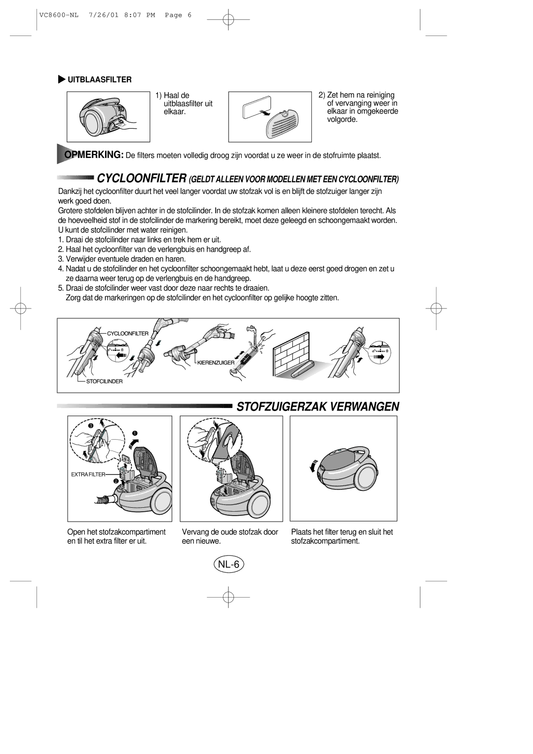 Samsung VC8614VN3S/XEN manual Stofzuigerzak Verwangen, NL-6, Uitblaasfilter 