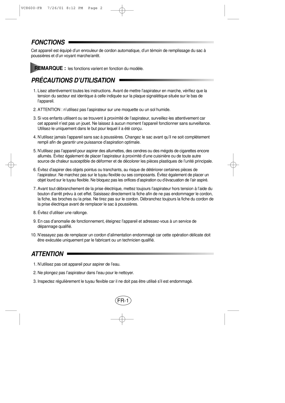 Samsung VC8614VN3S/XEN manual Fonctions, Précautions D’UTILISATION, FR-1 