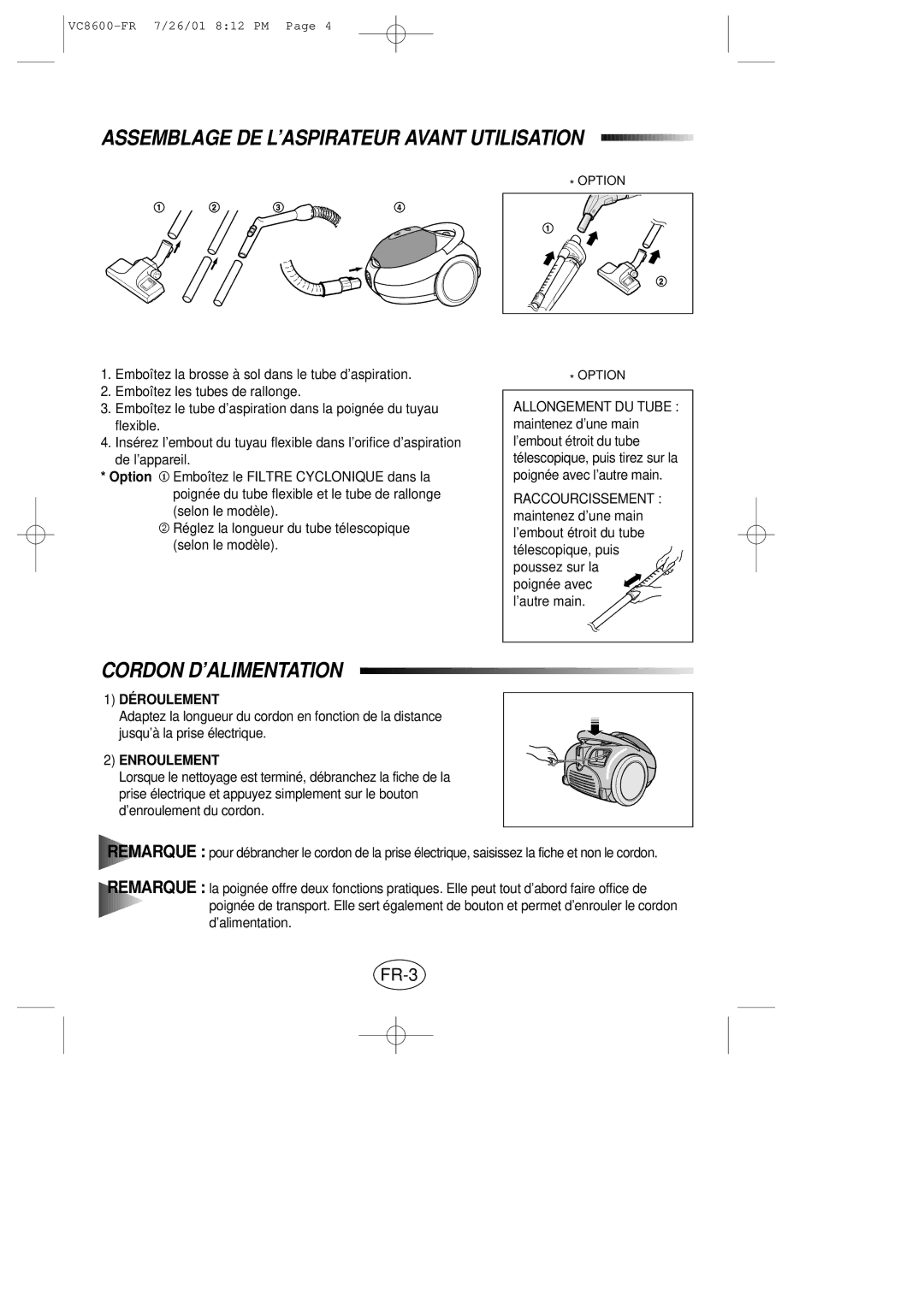 Samsung VC8614VN3S/XEN Assemblage DE L’ASPIRATEUR Avant Utilisation, Cordon D’ALIMENTATION, FR-3, Déroulement, Enroulement 