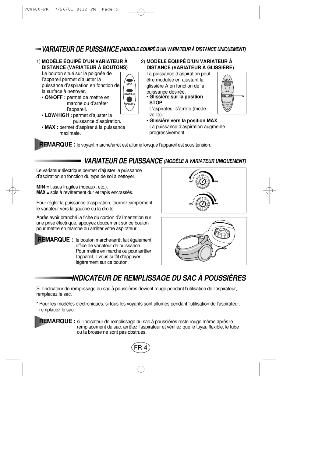 Samsung VC8614VN3S/XEN manual Indicateur DE Remplissage DU SAC À Poussières, FR-4, Stop 