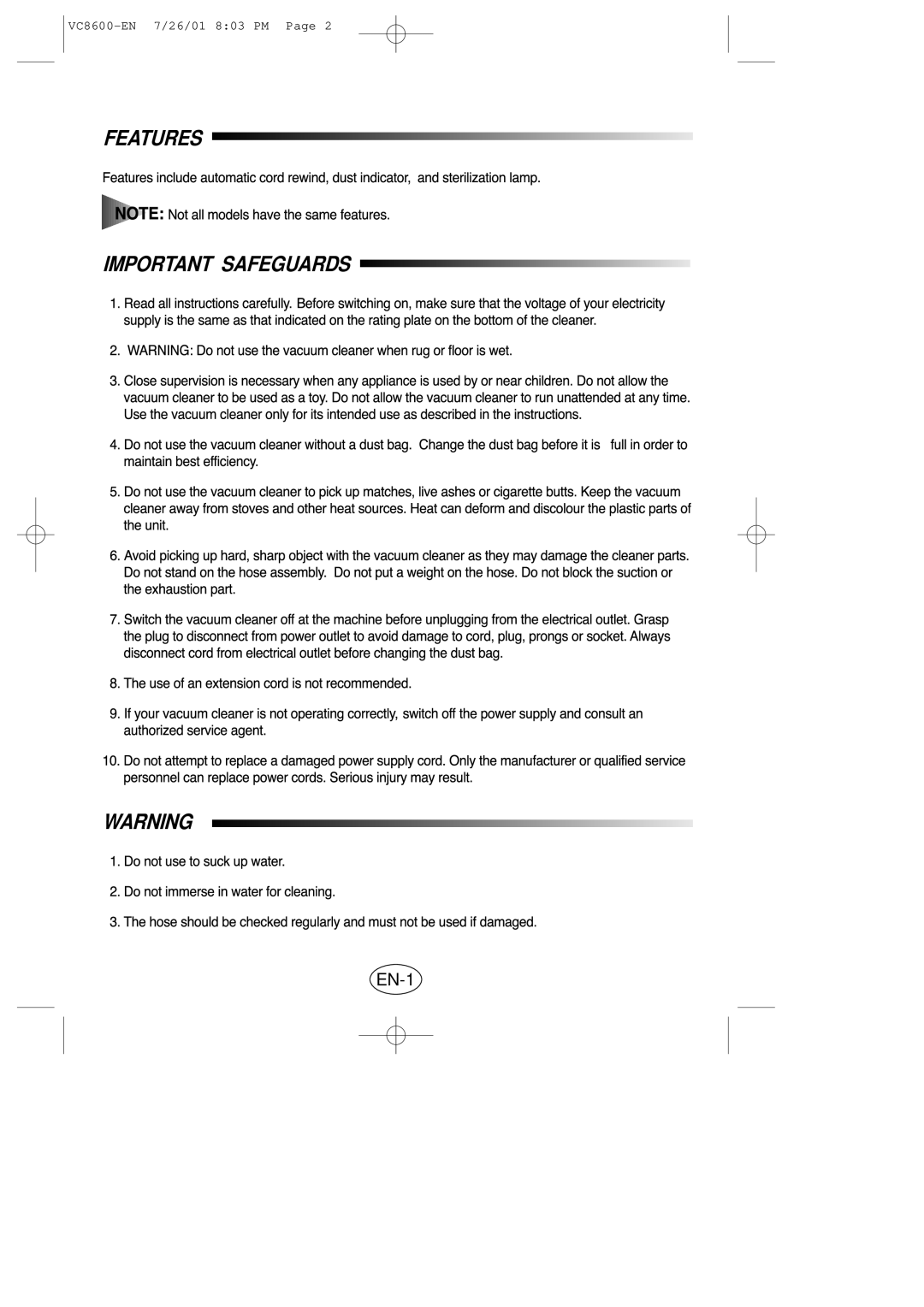 Samsung VC8614VN3S/XEN manual Features Important Safeguards, EN-1 