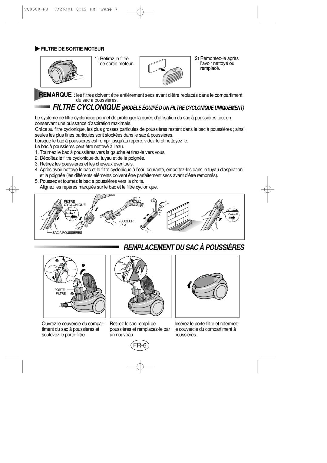 Samsung VC8614VN3S/XEN manual Remplacement DU SAC À Poussières, FR-6, Filtre DE Sortie Moteur 