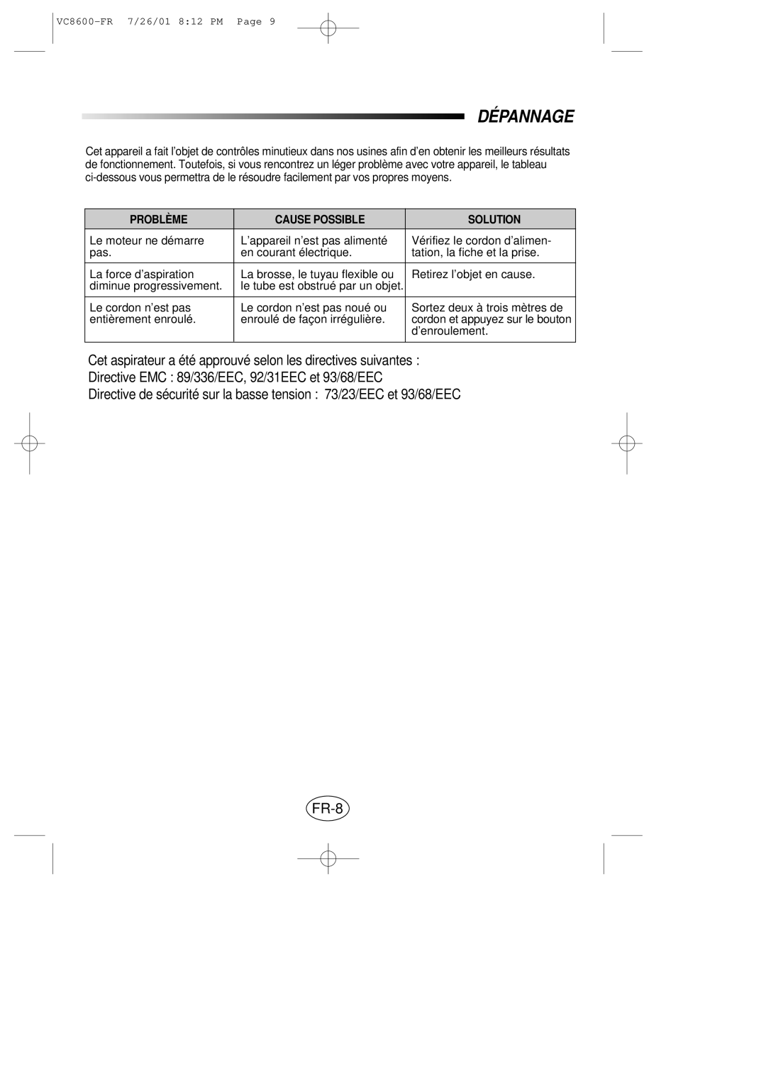 Samsung VC8614VN3S/XEN manual Dépannage, Problème Cause Possible Solution 