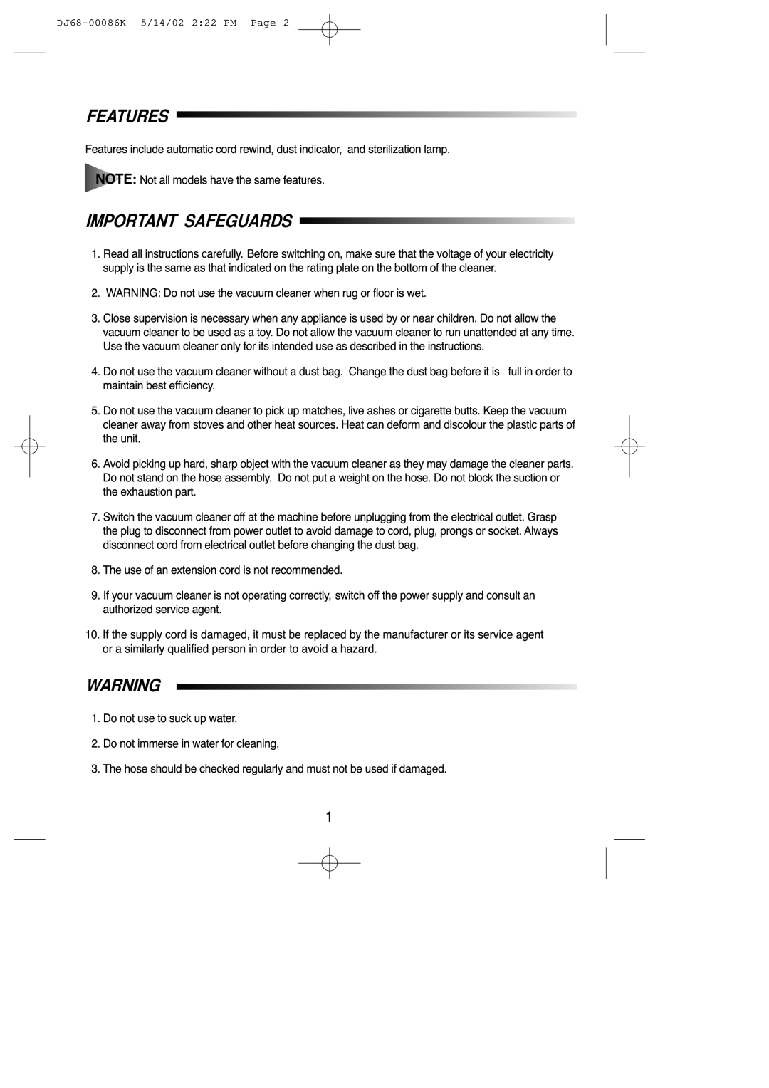 Samsung VC8615EC3S/XEV, VC8615EN3G/XEH manual Features Important Safeguards 