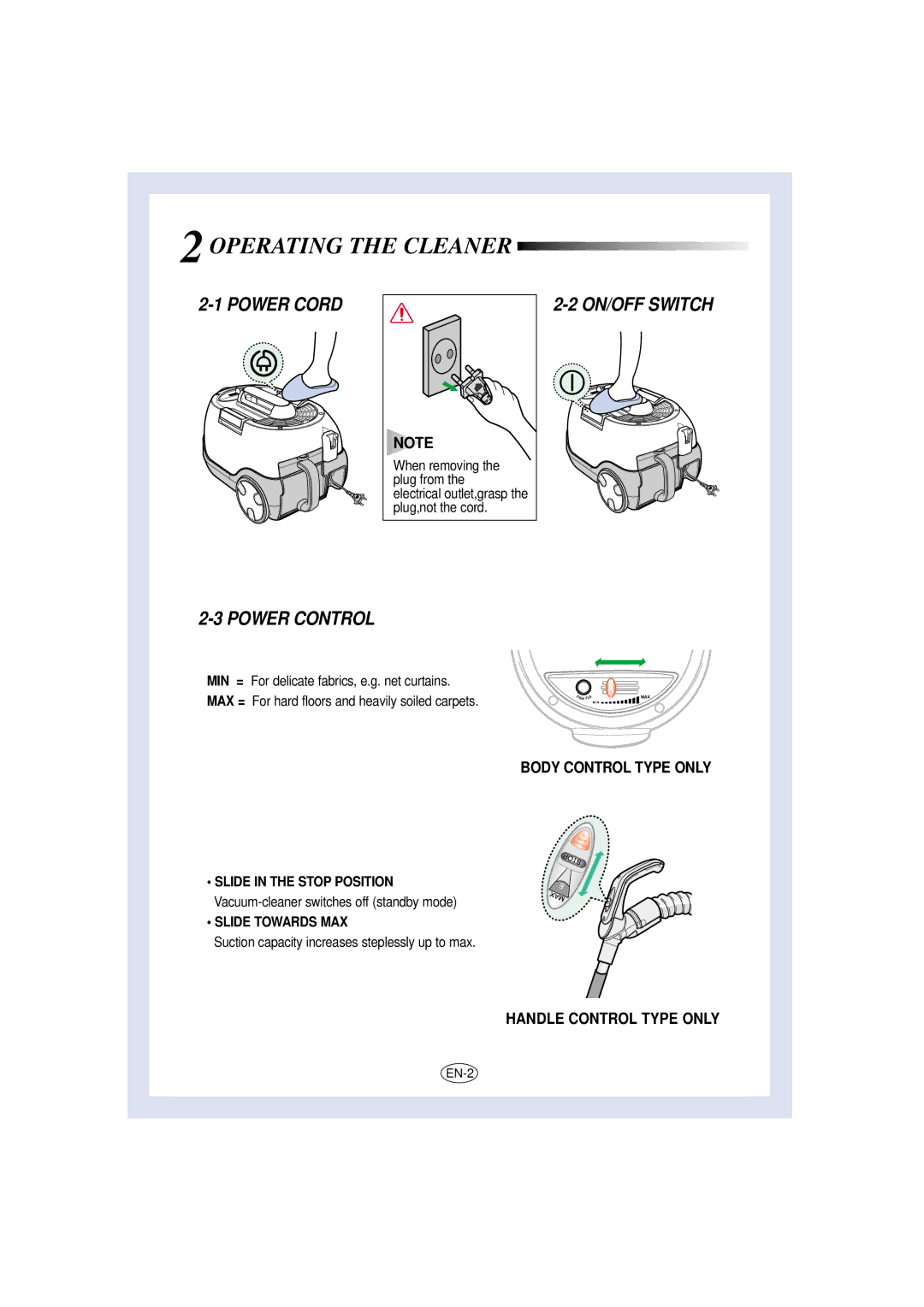 Samsung VC8715VC3G/XEV, VC8716HT3D/XEV, VC-8716H, VC8716HN3S/SML, VC8716VT3S/XEV manual Power Cord, ON/OFF Switch Power Control 