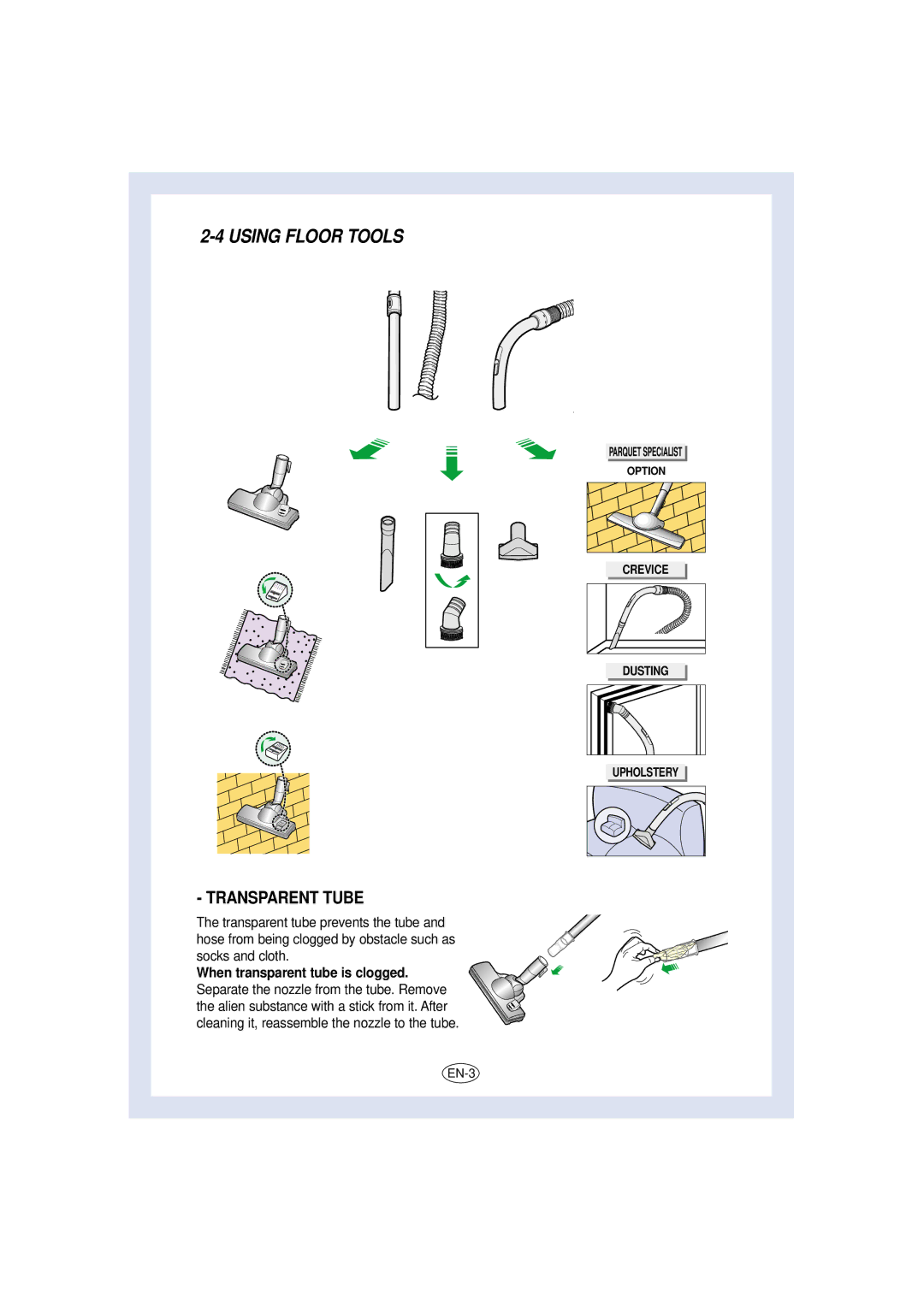 Samsung VC8716VT3S/XEV, VC8716HT3D/XEV, VC-8716H, VC8716HN3S/SML, VC8715VC3G/XEV manual Using Floor Tools, Transparent Tube 