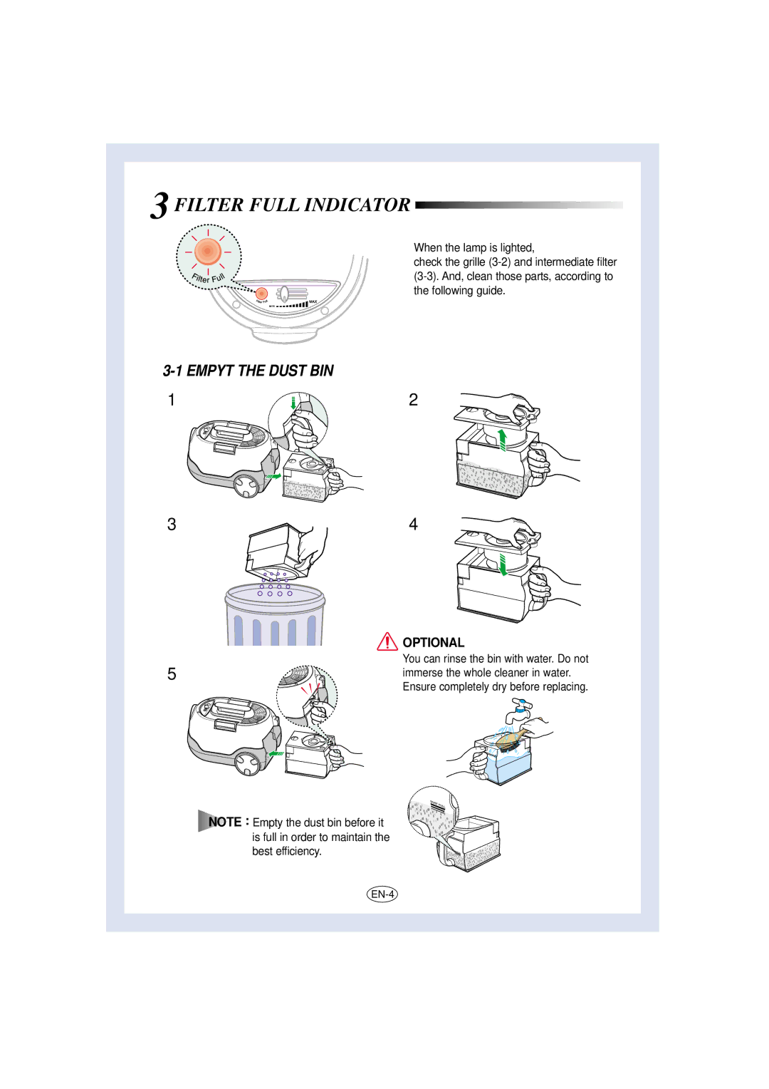 Samsung VC8715VN3G/XEV, VC8716HT3D/XEV, VC-8716H, VC8716HN3S/SML, VC8715VC3G/XEV Filter Full Indicator, Empyt the Dust BIN 