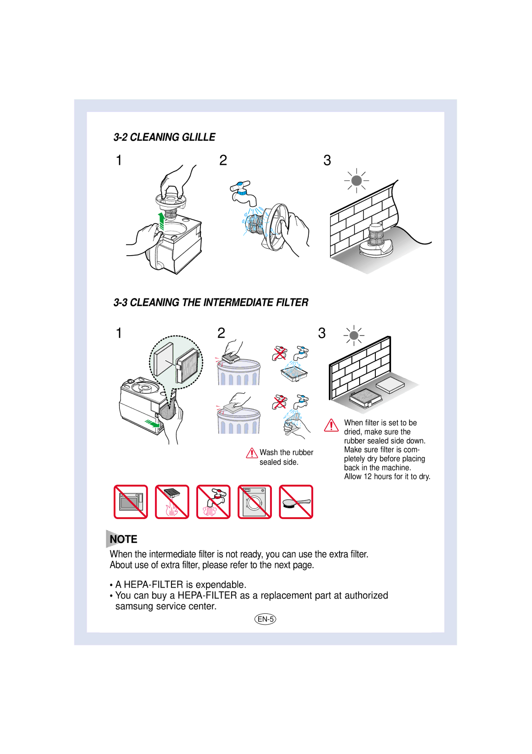 Samsung VC8716HT3Q/XEV, VC8716HT3D/XEV manual Cleaning Glille Cleaning the Intermediate Filter, Wash the rubber Sealed side 