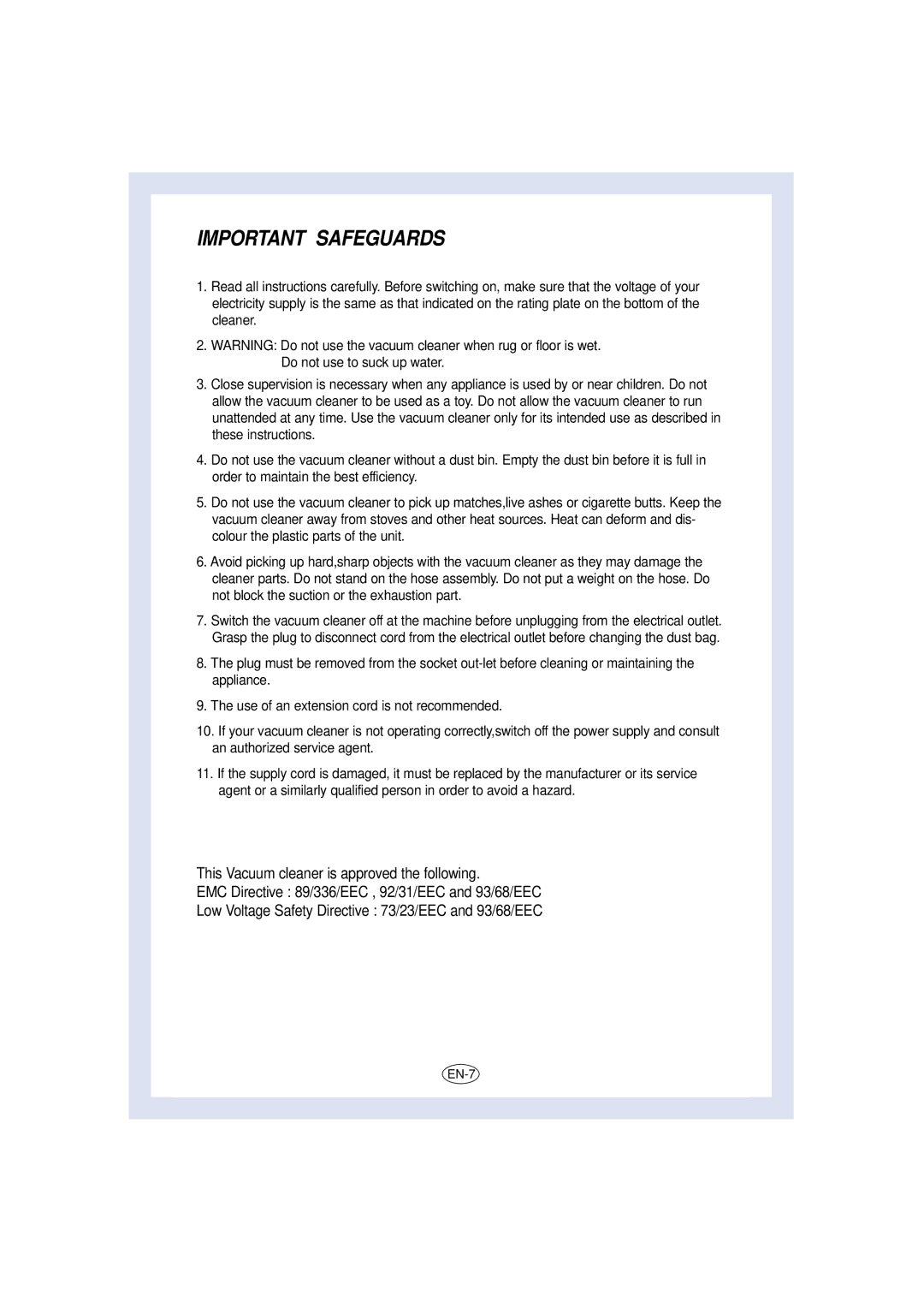 Samsung VC8715HT3B/SBW, VC8716HT3D/XEV, VC-8716H, VC8716HN3S/SML, VC8715VC3G/XEV, VC8716VT3S/XEV manual Important Safeguards 